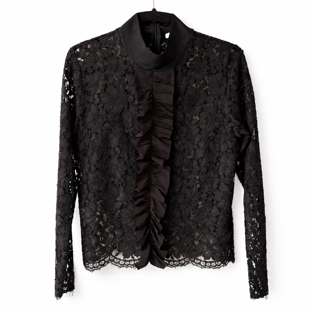Sandro Black Sheer Floral Lace Ruffle-Front Mock Neck Long Sleeve Blouse 2/US M - Picture 6 of 12